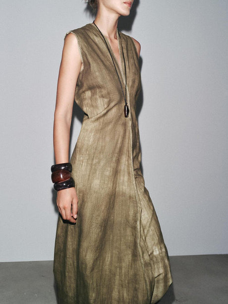 Aurohaya Exquisite Abstract Tie-Dye Print Linen Sleeveless Vacation Midi Dress