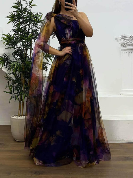 Aurohaya Elegant Printed One-Shoulder Chiffon Plus Size Tulle Evening Dress