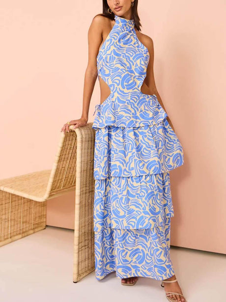 Aurohaya Delicate Blue Swirl Print Halter Neck Backless Maxi Dress