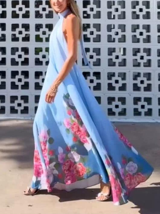 Aurohaya Elegant Halterneck Romantic Floral Print A-line Maxi Dress