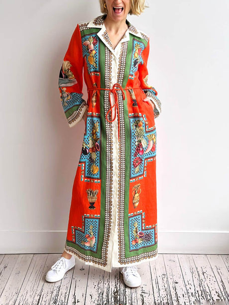 Aurohaya Classic Modern Unique Print Patchwork Loose Belted Shirt Silhouette Maxi Dress Orange