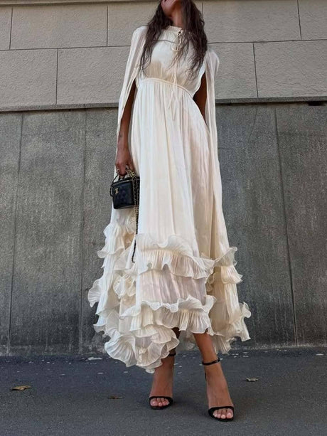 Aurohaya Exquisite Fashionable V-neck Lace-up Ruffled Double-layer Hem Maxi Dress Beige