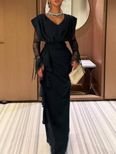 Lace-sleeve Spliced Pleated Maxi Dress