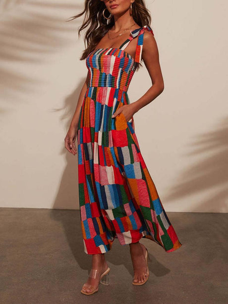 Aurohaya Rainbow Suspender Print Dress Printed