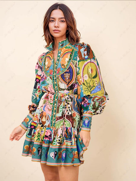 Aurohaya Casual Graffiti Evergreen Printing Mini Dress Multicolor