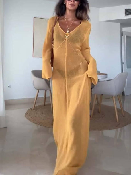 Aurohaya Vacation Style Loose Semi-permeable Knitted Maxi Dress Yellow