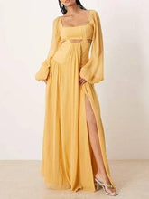 Aurohaya Vintage Square Collar Hollow Design Long Sleeve Maxi Dress Yellow