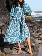 Aurohaya Floral Balloon Sleeve Midi Dress Blue