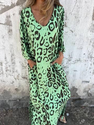 Aurohaya Leopard Print V-neck Pullover Long-sleeved Loose Dress Light green