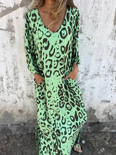 Aurohaya Leopard Print V-neck Pullover Long-sleeved Loose Dress Light green