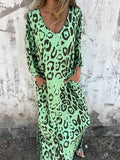 Aurohaya Leopard Print V-neck Pullover Long-sleeved Loose Dress Light green