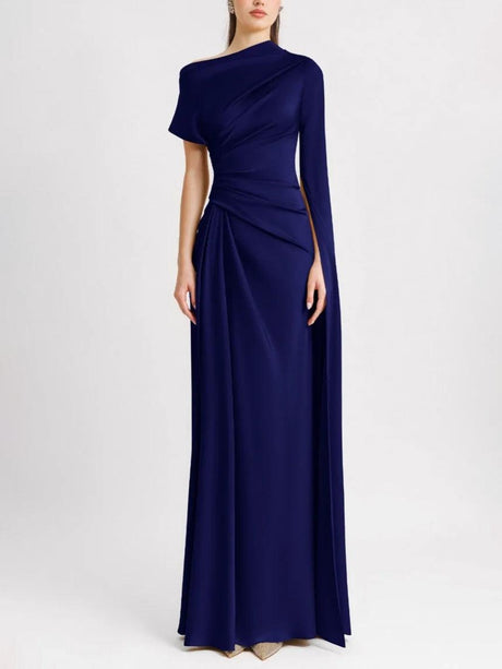 Aurohaya Elegant Irregular-sleeve Pleated Satin Maxi Dress Dark Blue