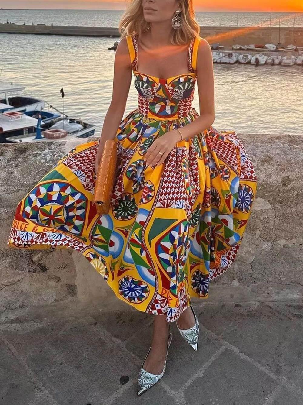 Aurohaya Unique Sunset Walk Ethnic Pattern Print Backless Midi Dress
