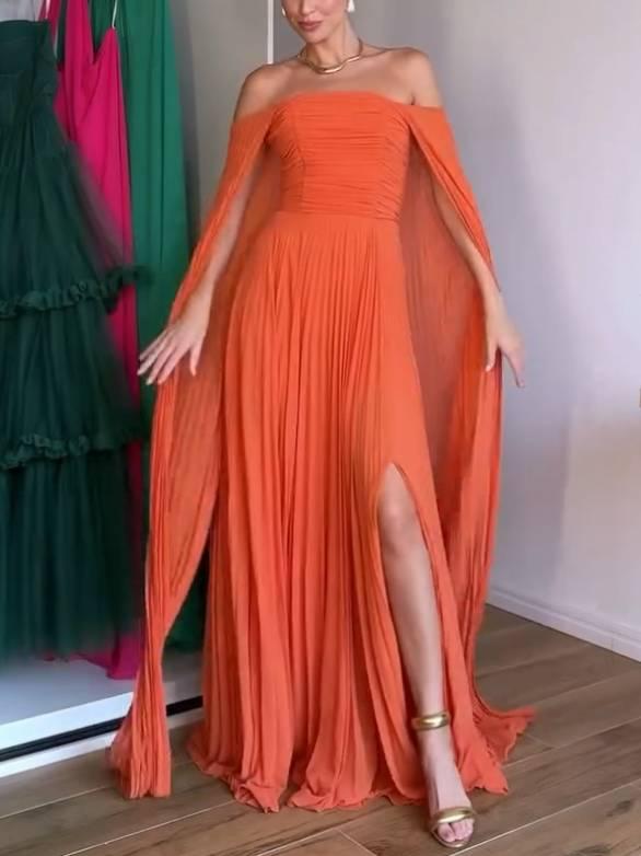 Aurohaya Tube Top Shawl Design Pleated Maxi Dress Orange