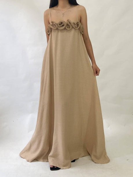 Aurohaya Three-dimensional Flower Maxi Sling Dress Khaki
