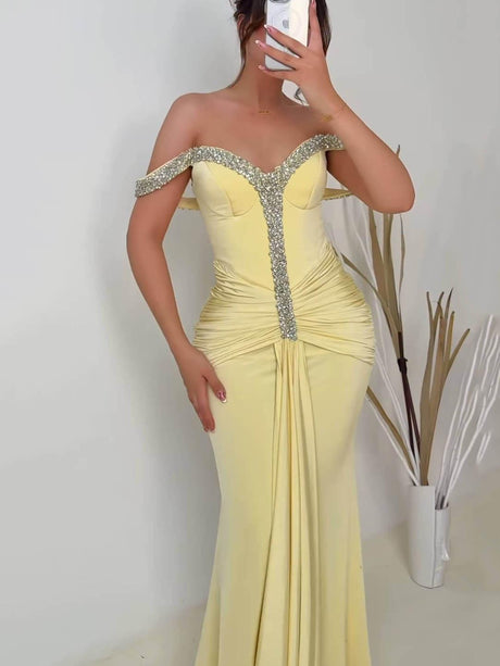 Aurohaya Elegant Shimmering Pleated Dress Yellow