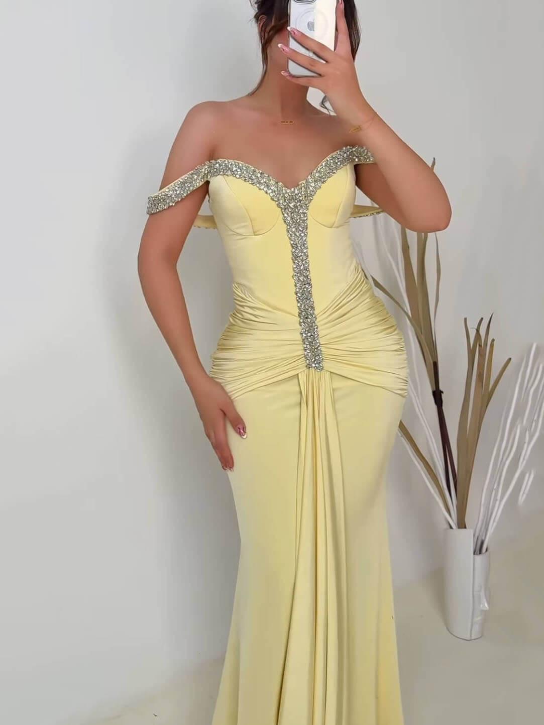 Aurohaya Elegant Shimmering Pleated Dress Yellow