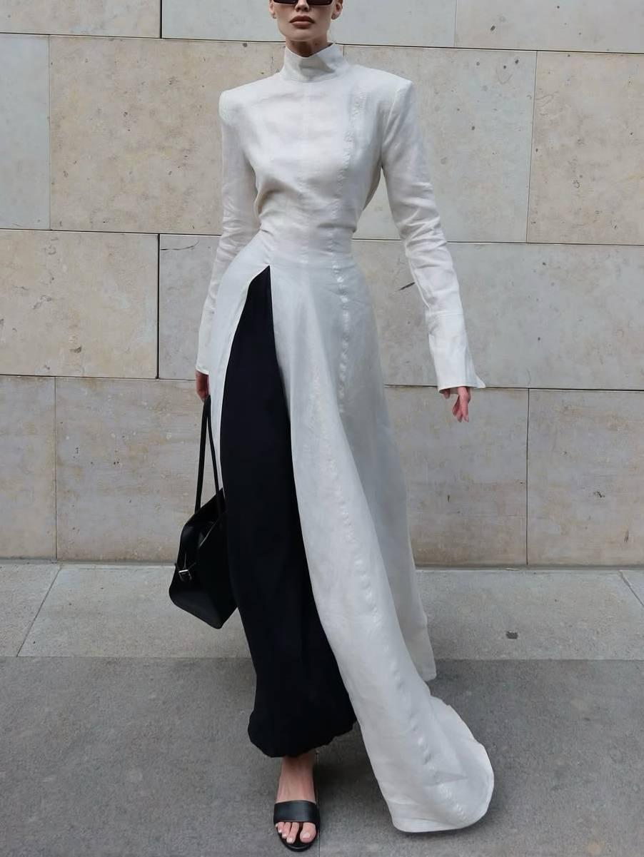 Aurohaya Long Sleeve Slit Shirt Dress And Wide Leg Pants Suit-Shirt Dress Off white