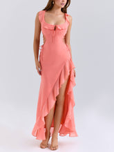 Waist Hollow Lace-up Ruffled Side Front Slit Maxi Dress