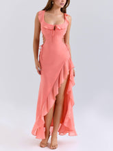 Aurohaya Waist Hollow Lace-up Ruffled Side Front Slit Maxi Dress Orange-pink