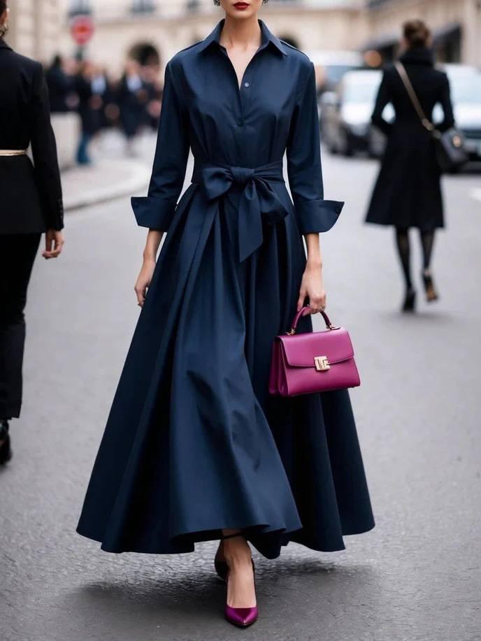 Aurohaya Minimalist Lace-up Design Long Sleeve Maxi Dress Navy Blue
