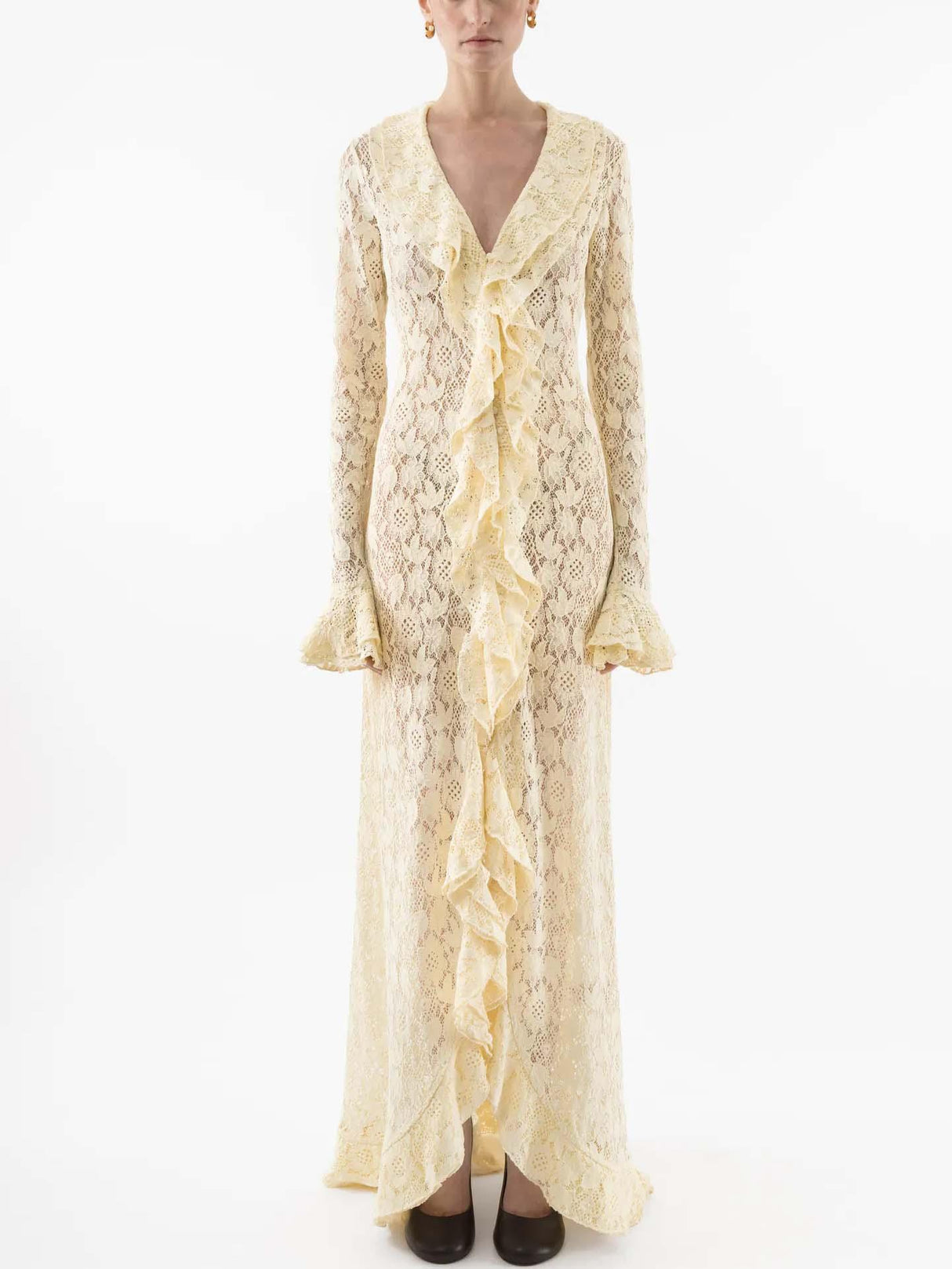 Aurohaya Ruffled Lace Front Slit Maxi Dress