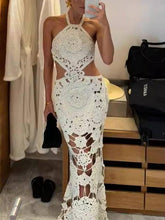 Aurohaya Halter Neck Backless Crochet Maxi Dress White