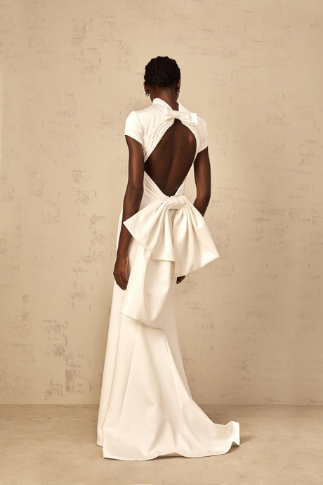 Aurohaya Camille White Statement Bow Mermaid Maxi Dress
