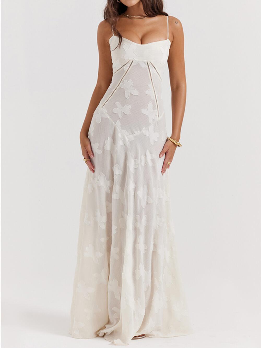 Aurohaya Vintage Cream Floral Lace Back Maxi Dress White