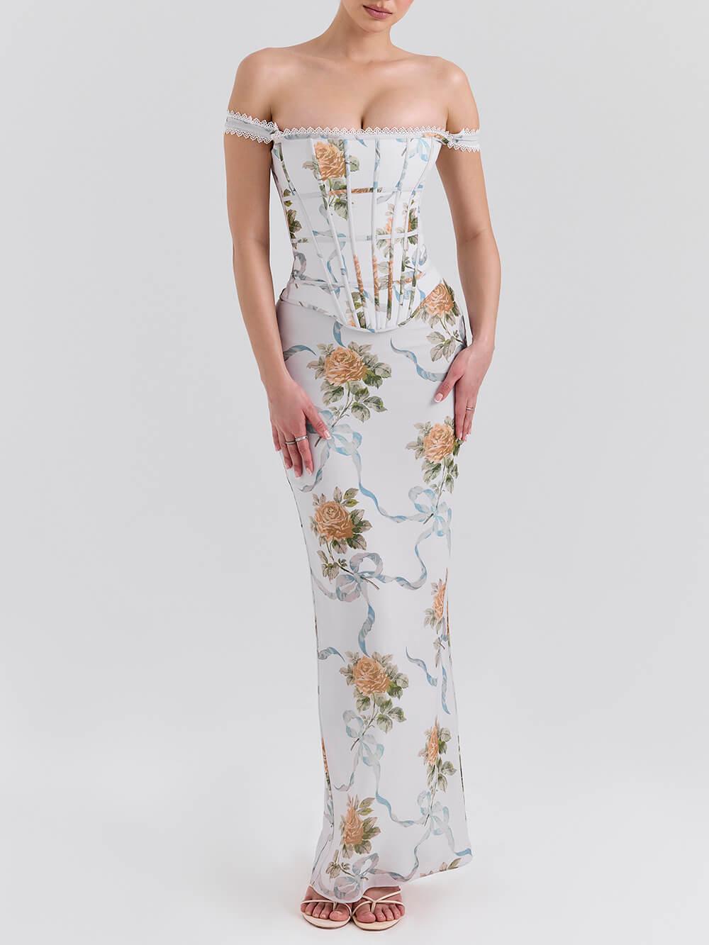 Aurohaya Retro Print Corset Maxi Dress