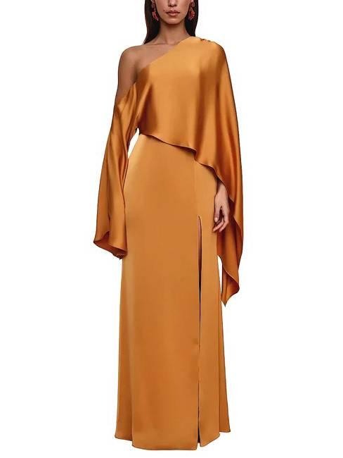 Aurohaya Off-Shoulder Asymmetric Slit Maxi Dress Gold