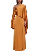 Aurohaya Off-Shoulder Asymmetric Slit Maxi Dress Gold