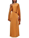 Off-Shoulder Asymmetric Slit Maxi Dress