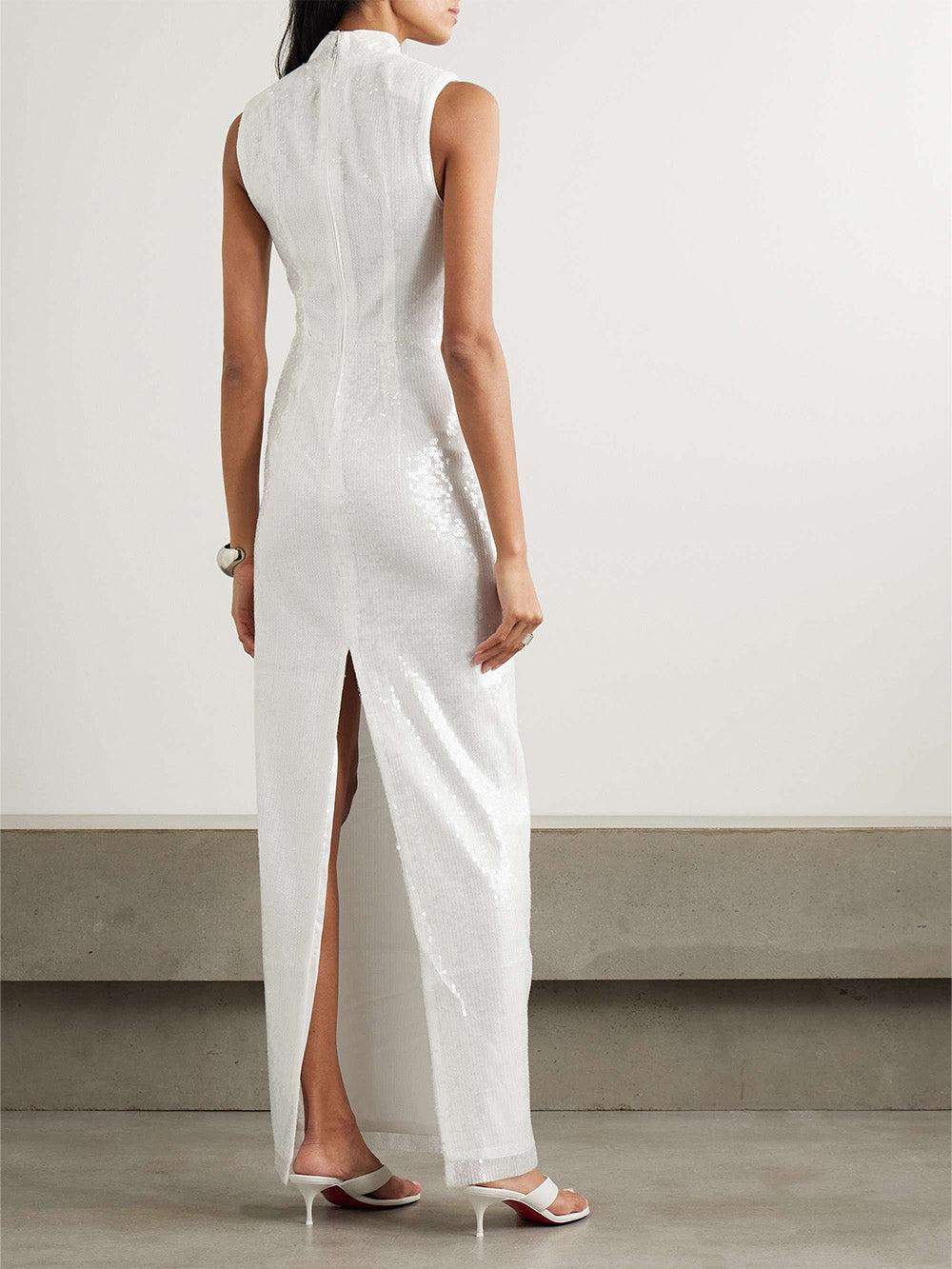 Aurohaya Elegant Sequined Turtleneck Sleeveless Maxi Dress