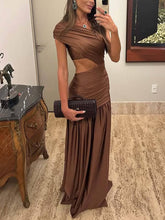 Aurohaya Unique Off-shoulder Waist Hollow Maxi Dress Brown