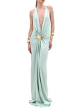 Aurohaya Deep V Halter-Neck Backless Metal Buckle Decoration Maxi Dress