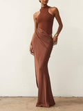 Aurohaya Slim-fit Stitching Hollow-out Maxi Dress Brown