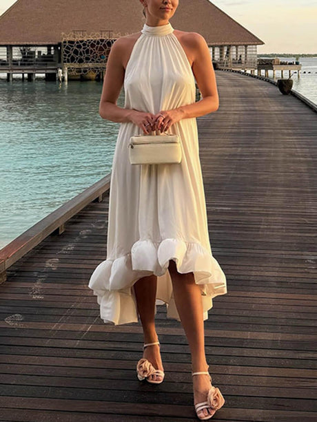 Aurohaya Elegant Ruffled Halter Neck Sleeveless Dress