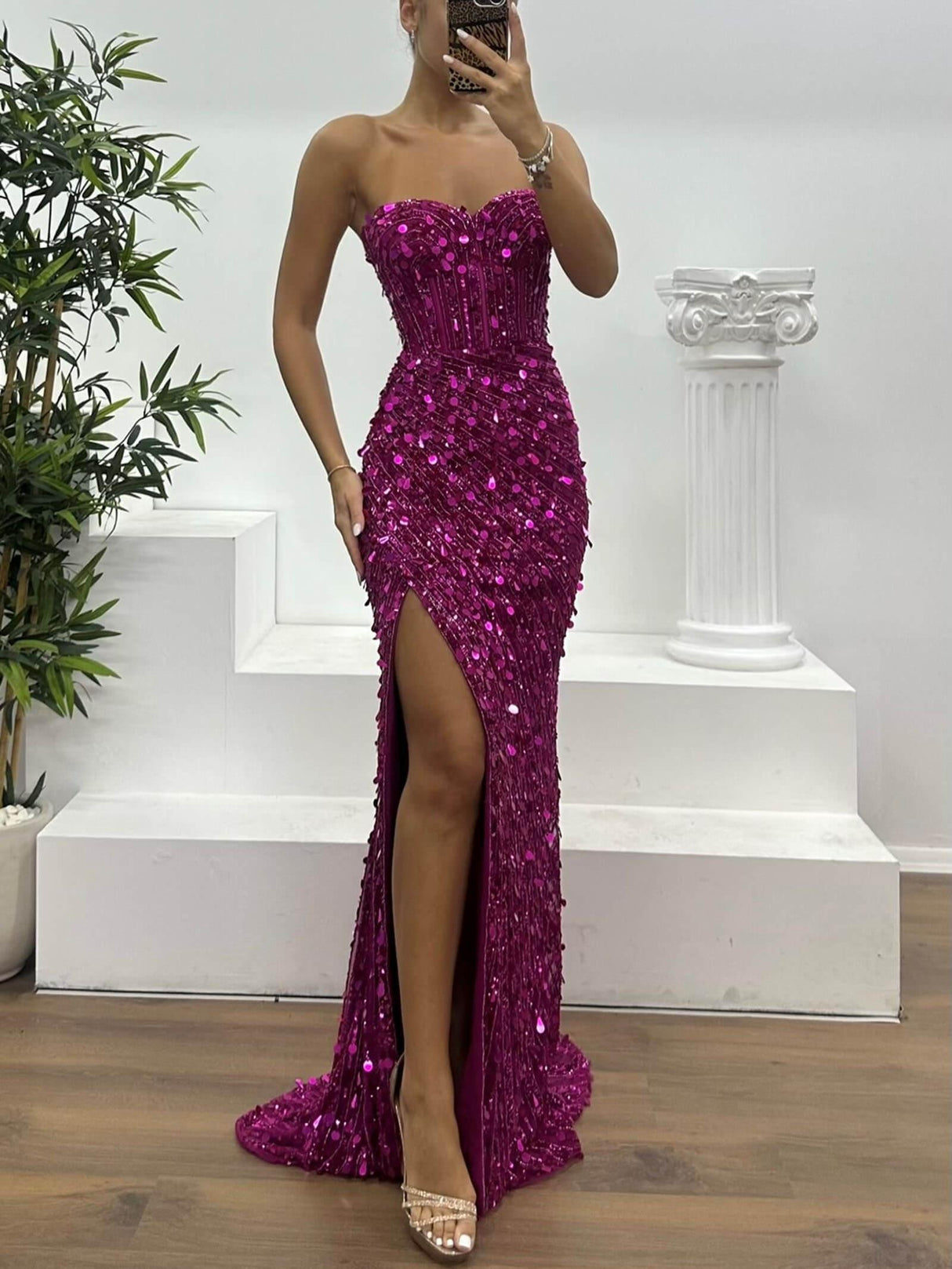 Aurohaya Off-The-Shoulder Sequined Side-Slit Gown Dress Purple