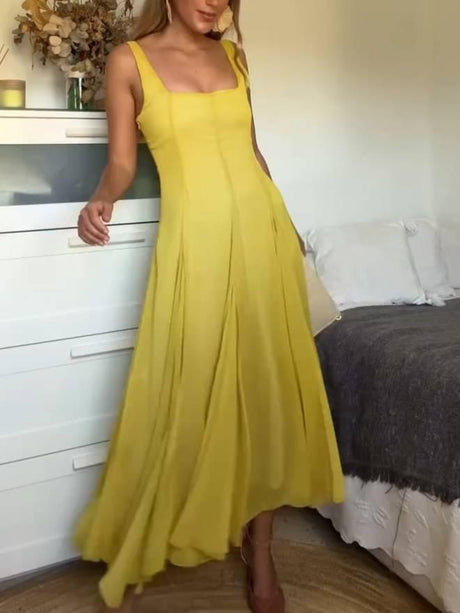 Aurohaya Square Collar Sling Dress Yellow