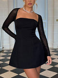Flash Mesh Long Sleeve Back Lace-Up Mini Dress
