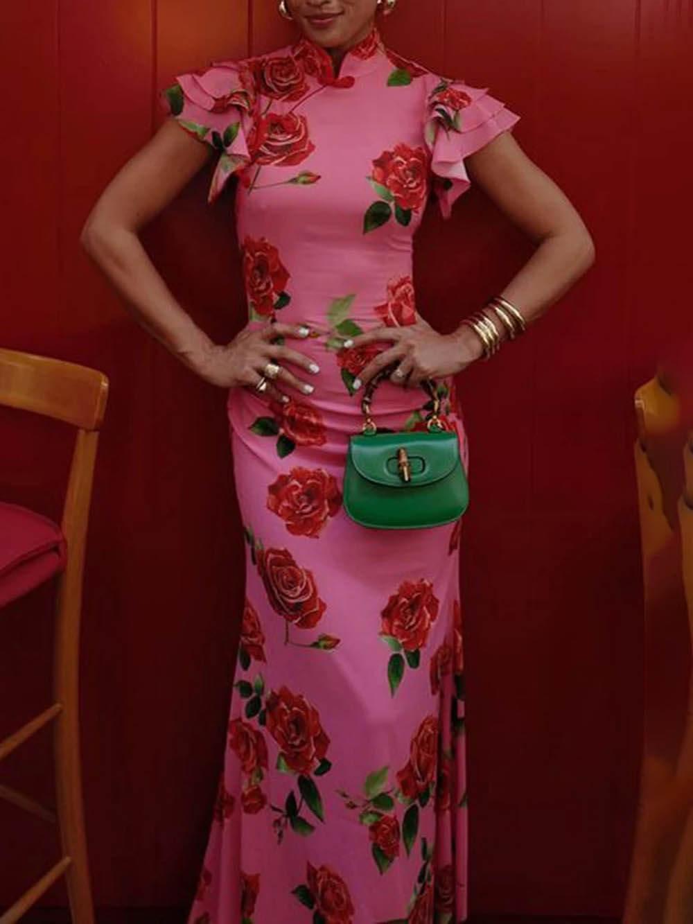 Aurohaya Cheongsam Rose Floral Print Tiered Flare Sleeve Stretch Maxi Dress