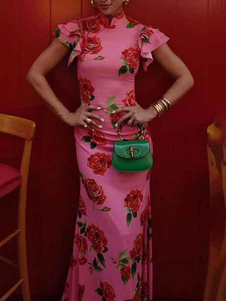 Aurohaya Cheongsam Rose Floral Print Tiered Flare Sleeve Stretch Maxi Dress