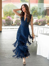 Elegant V-neck Pleated Fringe Maxi Dress