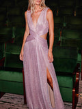 V-Neck Hollow Slit Maxi Dress