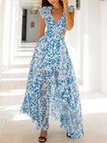 Aurohaya Deep V-neck Floral Hollow Maxi Dress Blue