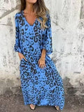 Aurohaya Leopard Print V-neck Pullover Long-sleeved Loose Dress Dark blue
