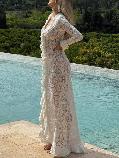 Aurohaya Ruffled Lace Front Slit Maxi Dress White