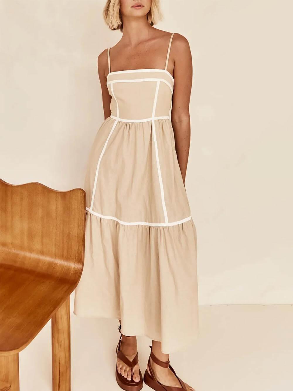 Aurohaya Contrast Color Trim Adjustable Straps Midi Dress Apricot