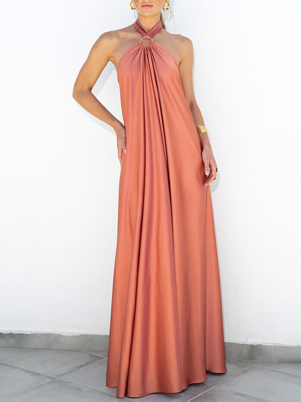 Aurohaya Summer Temperament Satin Halter Swing Gown Dresses Orange